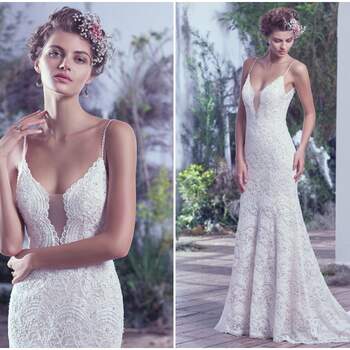 This intricately woven allover embellished lace wedding dress is highlighted with delicate beaded spaghetti straps, a plunging illusion lace neckline, and a stunning open back. These features add subtle sexy touches to this ethereal sheath wedding gown. Finished with covered buttons over zipper closure. 

<a href="https://www.maggiesottero.com/maggie-sottero/mietra/9749" target="_blank">Maggie Sottero</a>