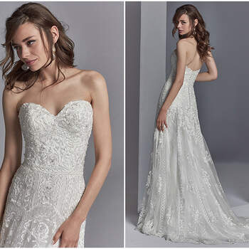 Embroidered lace motifs accented in beading and Swarovski crystals cascade over tulle in this sheath wedding dress, completing the strapless sweetheart neckline and scallop lace hemline. Finished with covered buttons over zipper and inner corset closure.

<a href="https://www.maggiesottero.com/sottero-and-midgley/skylar/11230?utm_source=zankyou&amp;utm_medium=gowngallery" target="_blank">Sottero and Midgley</a>