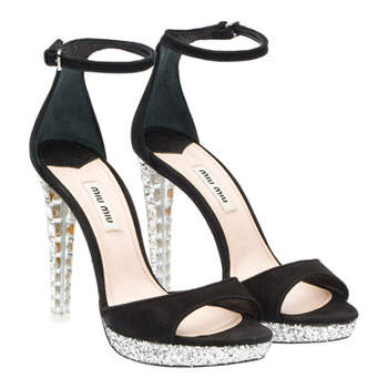 Sandales noires Miu Miu avec semelles compensées en plexiglas et cristaux Swarovski : top élégant !