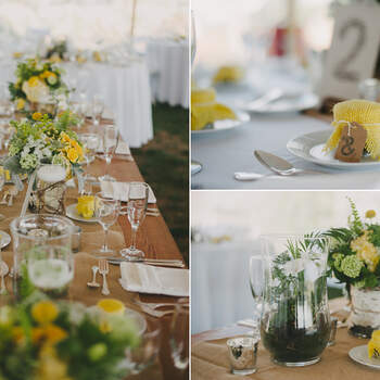 Distintas perspectivas de una mesa decorada con tonos amarillos. Foto: Alexandra Roberts.