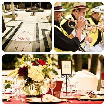 “Cuando vi por primera vez a Stefanie y Mark, supe enseguida que en su boda debía haber 3 colores: pastel, rojo y dorado. En base a ellos decoramos todo, desde el pasillo de entrada a la boda, con sus iniciales grabadas en la alfombra, hasta las mesas, pasando por el atuendo del grupo de música”, cuentan desde Caprichia. 

Foto: <a href="http://www.caprichia.com" target="_blank">Caprichia</a>