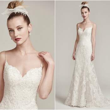 Soft meets sexy in this crosshatch tulle and lace sheath wedding dress with delicate spaghetti straps, sweetheart neckline and scalloped hemline. Finished with illusion tulle back and covered buttons over zipper closure. 

<a href="https://www.maggiesottero.com/sottero-and-midgley/parker/9877" target="_blank">Sottero &amp; Midgley</a>