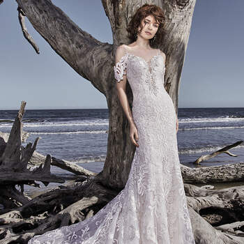 Beaded lace motifs and Swarovski crystals dance over tulle in this sophisticated fit-and-flare wedding gown. Beaded spaghetti straps glide from illusion plunging sweetheart neckline to illusion scoop back, both accented in beaded lace motifs. Finished with covered buttons over zipper closure. Illusion cold-shoulder sleeves accented in lace motifs sold separately.

<a href="https://www.maggiesottero.com/sottero-and-midgley/ross/11564">Sottero and Midgley</a>
