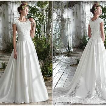 Exquisite details elevate this timeless cap-sleeve A-Line wedding dress, featuring a fitted lace bodice, asymmetrically cinched waist, and pleated Roma satin skirt. Artfully placed illusion lace embroidery accentuate the voluminous train and soft scoop neckline. Finished with covered buttons over zipper and inner elastic closure.

<a href="https://www.maggiesottero.com/maggie-sottero/jill/9771" target="_blank">Maggie Sottero</a>