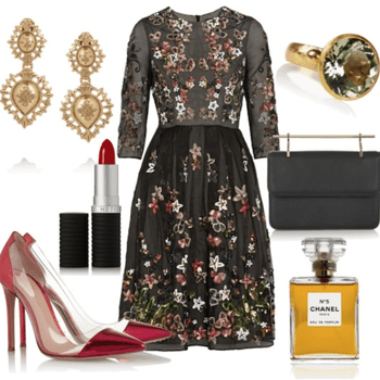 Vestido de Needle &amp; Thread, zapatos de Gianvitto Rossi, aretes de Dolce &amp; Gabbana, bolso de M2 Malletier y perfume de Chanel - Fotos de Net a Porter
