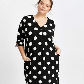 Credits: Black Spot Print Button Neck Shift Dress, Evans