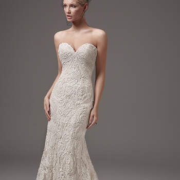This alluring fit-and-flare features striking lace motifs, a low back, and a sexy sweetheart neckline accented with a shimmer of sequins and beading. Finished with covered buttons over zipper closure. Detachable illusion cap-sleeves accented in lace appliqués sold separately. 
<a href="https://www.maggiesottero.com/sottero-and-midgley/hadley/10227?utm_source=mywedding.com&amp;utm_campaign=spring17&amp;utm_medium=gallery" target="_blank">Sottero and Midgley</a>
