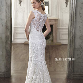 This lace sheath wedding dress balances elegant details of a scalloped hemline with dramatic touches, such as an illusion plunging sweetheart neckline. An illusion lace back creates drama and sophistication. Finished with covered button over zipper closure.

<a href="http://www.maggiesottero.com/dress.aspx?style=5MT014" target="_blank">Maggie Sottero Spring 2015</a>