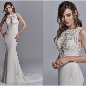 Splendidi motivi in pizzo scendono sul corpetto e la gonna in chiffon di crepe di Ballantine in questo abito da sposa unico, creando un gioiello sulla scollatura profonda sia davanti che sul retro. Fit-and-flare foderato con shapewear per una vestibilità di lusso. Include nastri in chiffon samara e in pizzo (non nella foto) per personalizzare al massimo il tuo abito. Rifinito con chiusura a cerniera.

<a href="https://www.maggiesottero.com/sottero-and-midgley/barrington/11202?utm_source=zankyou&amp;utm_medium=gowngallery" target="_blank">Sottero and Midgley</a>