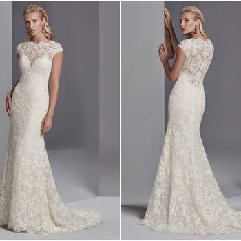 This boho wedding gown features allover lace motifs in a sheath silhouette, with sheer lace comprising the jewel over sweetheart neckline, cap-sleeves, and scoop back. Finished with covered buttons over zipper closure.

<a href="https://www.maggiesottero.com/sottero-and-midgley/zayn-rose/11233?utm_source=zankyou&amp;utm_medium=gowngallery" target="_blank">Sottero and Midgley</a>