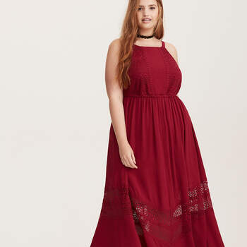 Red Gauze &amp; Lace Maxi Dress. Credits: Torrid