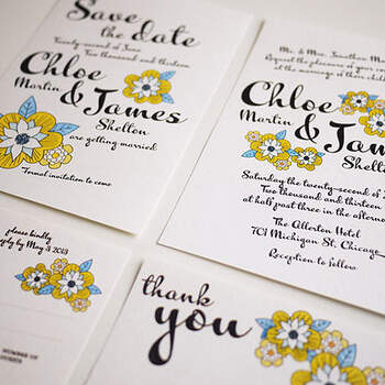 Colección de tarjetas de boda: save the date, invtaciones y tarjetas de agradecimiento. Foto: Three Eggs Design vía Etsy