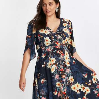 Scarlett _ Jo Navy Blue Floral Print Hanky Hem Dress, Evans