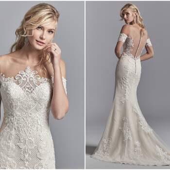 Lace motifs cascade over tulle and netting in this unique wedding dress, accenting the exquisite illusion neckline, cold shoulder sleeves, and illusion scoop back. Finished with covered buttons over zipper closure.

<a href="https://www.maggiesottero.com/sottero-and-midgley/elin/11207?utm_source=zankyou&amp;utm_medium=gowngallery" target="_blank">Sottero and Midgley</a>