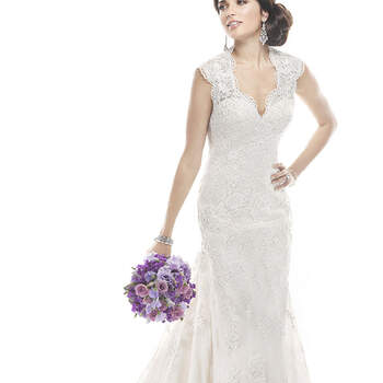 Delicately scalloped lace skims the shoulders and neckline of this stunning dress, made for the modern romantic bride. Sequin embellished corded lace appliqués drape a tulle over Vogue Satin gown in this stunning slim A-line dress. Finished with zipper back closure.

<a href="http://www.maggiesottero.com/dress.aspx?style=4MS912" target="_blank">Maggie Sottero Platinum 2015</a>