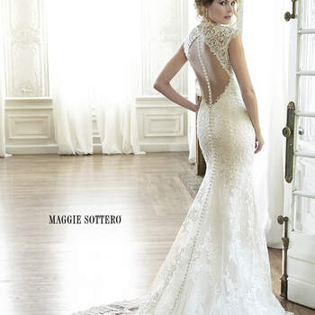 Elegant lace, A-Line wedding dress complete with plunging illusion neckline, delicate lace sleeves, and illusion keyhole back. Finished with extended illusion train and covered button over zipper closure. Available with front snap-in modesty panel.

<a href="http://www.maggiesottero.com/dress.aspx?style=5MC152" target="_blank">Maggie Sottero Spring 2015</a>