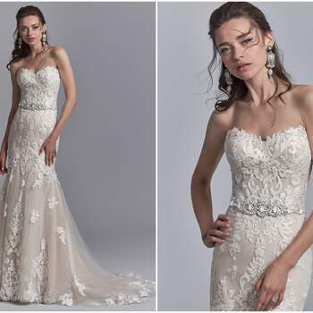 Romantic lace motifs dance over tulle in this fit-and-flare wedding dress, featuring a beaded belt accented in Swarovski crystals, a strapless sweetheart neckline, and illusion scoop back with exposed boning accented in lace motifs. Finished with crystal buttons over zipper closure.

<a href="https://www.maggiesottero.com/sottero-and-midgley/frankie/11209?utm_source=zankyou&amp;utm_medium=gowngallery" target="_blank">Sottero and Midgley</a>