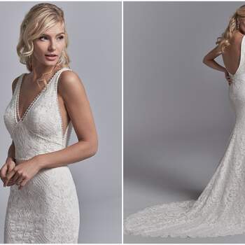 Allover lace motifs cascade over crosshatched tulle in this fit-and-flare wedding dress. Delicate beading accents the illusion V-neckline, waistline, straps, and V-back. Lined with Inessa Jersey for a luxe fit. Finished with zipper closure.

<a href="https://www.maggiesottero.com/sottero-and-midgley/regan/11227?utm_source=zankyou&amp;utm_medium=gowngallery" target="_blank">Sottero and Midgley</a>