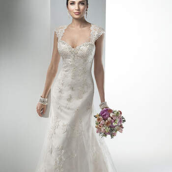 Romantic embroidered lace slim A-line gown with Swarovski crystals along the sweetheart neckline. Finished with illusion train and crystal buttons. Available with corset or zipper over inner corset back closure. Lace cap-sleeves available.

<a href="http://www.maggiesottero.com/dress.aspx?style=4MC025" target="_blank">Maggie Sottero Platinum 2015</a>