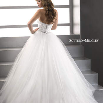 The simplicity of this fairytale ball gown is its charm! A gorgeous lace bodice with scooped neckline gives way to a soft, ethereal tulle skirt adorned with a Swarovski crystal beaded belt and finished with zipper over inner corset and button closure.

<a href="http://www.sotteroandmidgley.com/dress.aspx?style=72703" target="_blank">Sottero &amp; Midgley Platinum 2015</a>