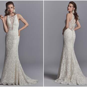 Allover lace cascades down this sheath boho wedding gown, creating an illusion halter over plunging V-neckline and illusion open back. Finished with covered buttons over zipper closure.

<a href="https://www.maggiesottero.com/sottero-and-midgley/zayn/11232?utm_source=zankyou&amp;utm_medium=gowngallery" target="_blank">Sottero and Midgley</a>