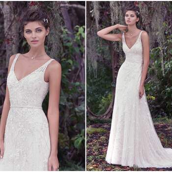 Dreamy and alluring, this A-line wedding dress features a Vogue satin slip and an intricately embroidered overlay with lace. A plunging V-back and beaded belt completes this romantic gown. Finished with covered buttons over zipper closure. 

<a href="https://www.maggiesottero.com/maggie-sottero/jorie/9704" target="_blank">Maggie Sottero</a>