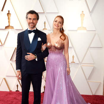 Oscar® nominee Jessica Chastain (right) and Gian Luca Passi de Preposulo arrive on the red carpet of the 94th Oscars® at the Dolby Theatre at Ovation Hollywood in Los Angeles, CA, on Sunday, March 27, 2022.