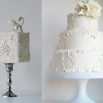 Tarta de bodas cuadrada cubierta de perlas de azúcar, y pastel en tres alturas con motivos vegetales. Foto: Maggie Austin Cake