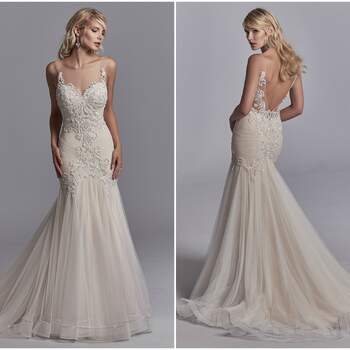 Beaded lace motifs accented in Swarovski crystals dance over dotted tulle in this sexy wedding dress, completing the illusion sweetheart neckline and illusion V-back. Fit-and-flare skirt accented in horsehair and rhinestone trim. Lined with Naveen Jersey for a luxe fit. Finished with crystal buttons and zipper closure.

<a href="https://www.maggiesottero.com/sottero-and-midgley/khloe/11214?utm_source=zankyou&amp;utm_medium=gowngallery" target="_blank">Sottero and Midgley</a>