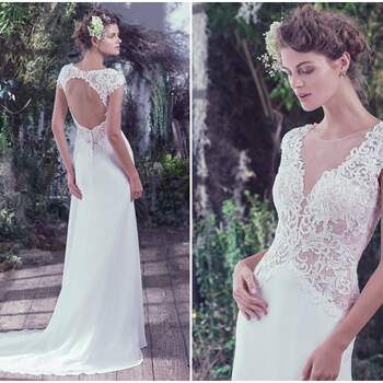 Vestido de novia glamouroso con escote en V y escote de espalda. Parte superior bordada y cierre de botones forrados sobre cremallera.

<a href="https://www.maggiesottero.com/maggie-sottero/phaedra/9755" target="_blank">Maggie Sottero</a>