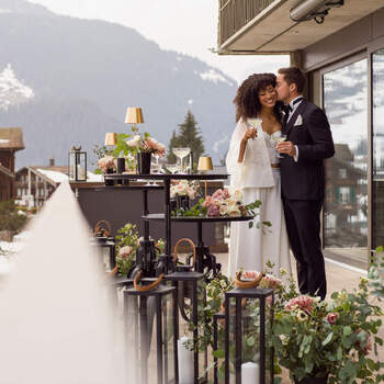 Wedding couple at their dinner in a boutique hotel in the mountains