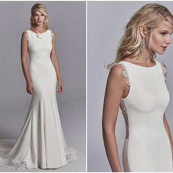 Exquisite lace motifs accent the illusion cutout train, straps, and illusion plunging back in this Chardon Crepe wedding dress. Complete with bateau neckline. Finished with covered buttons and back ruching along zipper closure.

<a href="https://www.maggiesottero.com/sottero-and-midgley/elliott/11208?utm_source=zankyou&amp;utm_medium=gowngallery" target="_blank">Sottero and Midgley</a>