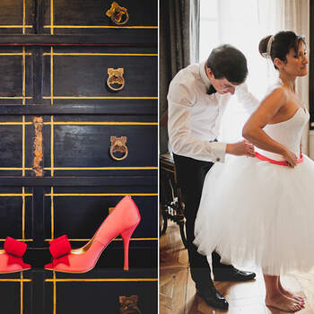 Los zapatos de la novia pueden incluso mezclar dos tonos de rojo. Si el vestido es corto se lucirán especialmente. Foto: David One.