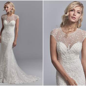 This vintage-inspired wedding dress features a tulle overlay accented in geometric lace motifs with beading and pearls, creating an illusion jewel over sweetheart neckline, illusion cap-sleeves, and an illusion scoop back. Lined with Inessa Jersey for a luxe fit. Finished with pearl buttons and zipper closure.

<a href="https://www.maggiesottero.com/sottero-and-midgley/grady/11210?utm_source=zankyou&amp;utm_medium=gowngallery" target="_blank">Sottero and Midgley</a>