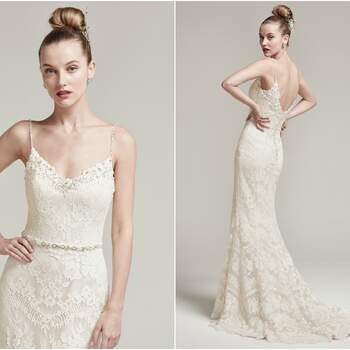 Allover lace sheath wedding dress accented with beaded spaghetti straps, sexy illusion neckline and V-back. Finished with a beaded belt featuring Swarovski crystals and covered buttons over zipper closure. 

<a href="https://www.maggiesottero.com/sottero-and-midgley/ester/9852" target="_blank">Sottero &amp; Midgley</a>