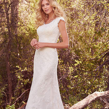 This modest sheath gown features cascades of soft lace appliqués, a scoop neckline, and demure cap-sleeves. Scalloped lace accents the neck and hemline. Finished with covered buttons over zipper and inner elastic closure. 
<a href="https://www.maggiesottero.com/maggie-sottero/madison/10161?utm_source=mywedding.com&amp;utm_campaign=spring17&amp;utm_medium=gallery" target="_blank">Maggie Sottero</a>