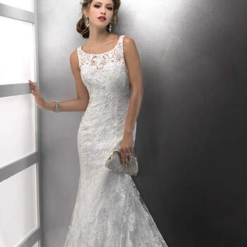 Elegantly sophisticated, the delicate scoop illusion neckline of this romantic sheath renders this gown unforgettable. Hand beaded lace motifs dance across tulle over Demir Stretch Satin all the way to the hemline, while covered buttons add the perfect finish to the zipper back closure.
<img height='0' width='0' alt='' src='http://ads.zankyou.com/mn8v' />