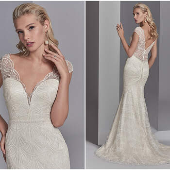 This chic, sheath wedding dress features a tulle overlay of lace motifs accented in clear sequins creating illusion cap-sleeves, an illusion V-over plunging sweetheart neckline, and an illusion V-back. A delicately beaded belt and subtle ruching along the closure completes this vintage-inspired wedding gown. Finished with covered buttons over zipper closure.

<a href="https://www.maggiesottero.com/sottero-and-midgley/ramira/11225?utm_source=zankyou&amp;utm_medium=gowngallery" target="_blank">Sottero and Midgley</a>