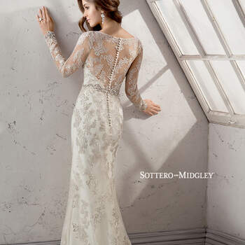 Glimmering metallic embroidered lace on tulle over Orlando satin sheath with dramatic sleeve embellishment, illusion back and V-front neckline. Adorned with sparkling Swarovski crystal belt and finished with covered buttons trailing a zipper closure.

<a href="http://www.sotteroandmidgley.com/dress.aspx?style=4SW933" target="_blank">Sottero &amp; Midgley Platinum 2015</a>
