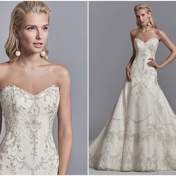Embroidered lace motifs and Swarovski crystals dance over this tulle and Soft Shimmer Satin A-line wedding gown, featuring a strapless sweetheart neckline, illusion scoop back accented in beaded lace motifs, and crosshatch detail through the hemline. Finished with crystal buttons over zipper closure.

<a href="https://www.maggiesottero.com/sottero-and-midgley/granger/11213?utm_source=zankyou&amp;utm_medium=gowngallery" target="_blank">Sottero and Midgley</a>
