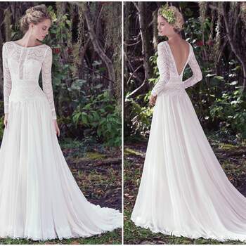 Understated elegance is found in this subtle lace and Santorini chiffon A-line wedding dress, complete with bateau neckline and long sleeves. Illusion lace details and stunning V-back create a sweet-yet-sexy style. Finished with zipper closure. 

<a href="https://www.maggiesottero.com/maggie-sottero/deirdre/9726" target="_blank">Maggie Sottero</a>