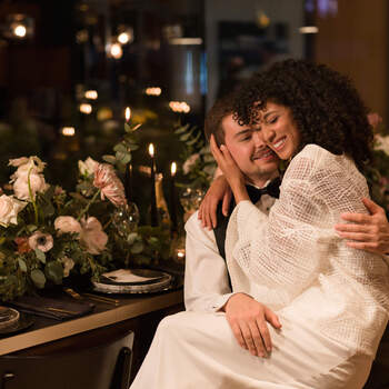 Wedding couple at their dinner in a boutique hotel in the mountains