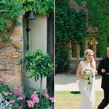 Detalle del lugar de celebración de esta boda y la novia junto a su padre.