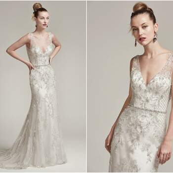 Swarovski crystals and metallic threads are artistically woven onto this tulle sheath wedding dress with illusion lace straps and plunging V-neckline. Complete with plunging illusion back and crystal buttons over zipper closure. 

<a href="https://www.maggiesottero.com/sottero-and-midgley/ronnie/9880" target="_blank">Sottero &amp; Midgley</a>