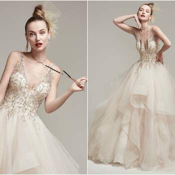 Dione organza creates a dramatic ball gown with horsehair layered skirt, featuring a breathtaking bodice adorned with Swarovski crystals and pearls, plunging illusion V-neckline and back. Finished with crystal buttons over zipper closure. 

<a href="https://www.maggiesottero.com/sottero-and-midgley/amélie/9846" target="_blank">Sottero &amp; Midgley</a>