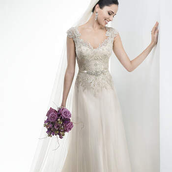 Vintage Swarovski crystal embellished lace and tulle overlay this Valentina satin slip dress. Fabric covered buttons lead down to a satin waistband, adorned with Swarovski crystal appliqués.

<a href="http://www.maggiesottero.com/dress.aspx?style=4MS011" target="_blank">Maggie Sottero Platinum 2015</a>
