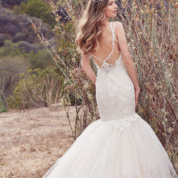 This gorgeous fit-and-flare features a bodice accented in bead and Swarovski crystal lace appliqués and a voluminous tulle skirt. 
Illusion straps complete the illusion V-neckline and illusion scoop back, all trimmed in delicate beading and lace appliqués. Finished with crystal buttons over zipper closure. This gorgeous fit-and-flare features a bodice accented in bead and Swarovski crystal lace appliqués and a voluminous tulle skirt. 
Illusion straps complete the illusion V-neckline and illusion scoop back, all trimmed in delicate beading and lace appliqués. Finished with crystal buttons over zipper closure. This gorgeous fit-and-flare features a bodice accented in bead and Swarovski crystal lace appliqués and a voluminous tulle skirt. 
Illusion straps complete the illusion V-neckline and illusion scoop back, all trimmed in delicate beading and lace appliqués. Finished with crystal buttons over zipper closure. 
