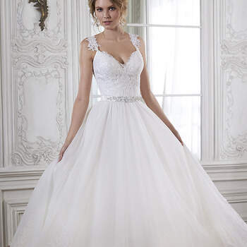 Beautifully detailed with lace and a dazzling Swarovski crystal belt, the fitted bodice of this ballgown cascades into a romantic tulle skirt. Complete with V-neckline and cap-sleeves. Available with optional beaded belt or grosgrain ribbon belt. Finished with crystal button over zipper back closure.


<a href="http://www.maggiesottero.com/dress.aspx?style=5MS140" target="_blank">Maggie Sottero Spring 2015</a>