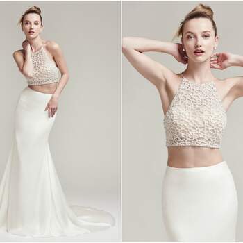Sophisticated bead encrusted cropped halter with crystal button closure and bandeau lining. Orion Crepe back satin sheath skirt with zipper closure.

<a href="https://www.maggiesottero.com/sottero-and-midgley/jude-alliett/9964" target="_blank">Sottero &amp; Midgley</a>