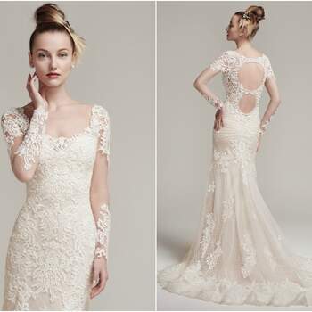 Modern lace appliqués adorn the illusion long sleeves, fitted bodice, and scalloped hemline of this crosshatch tulle over jersey fit and flare wedding dress. Complete with illusion sweetheart neckline, double illusion keyhole back, and dramatically sweeping train. Finished with crystal buttons and zipper closure. 

<a href="https://www.maggiesottero.com/sottero-and-midgley/melrose/9870" target="_blank">Sottero &amp; Midgley</a>